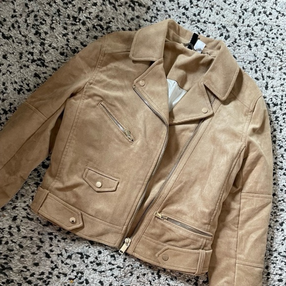 H&M Divided Tan Suede Moto Jacket with Gold Metal Details
